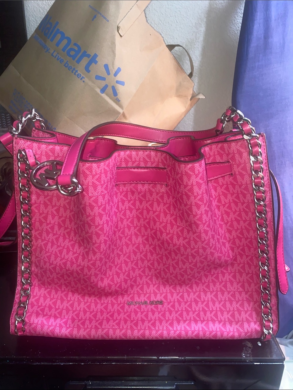 Michael Kors Hot Pink MK Logo Chain-Accent Tote - Picture 3 of 6